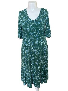 Angels Green Floral Midi Dress with Blue Accents